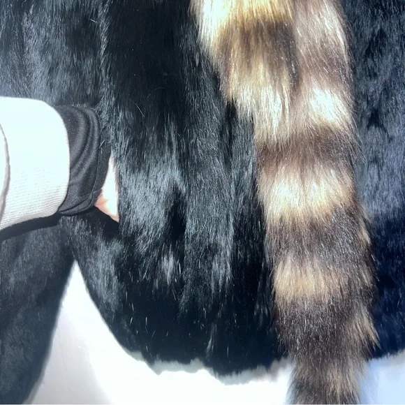Rabbit Fur Zip Up Mob Wife Fur Coat With Tail Tassels Black M - Picture 6 of 15